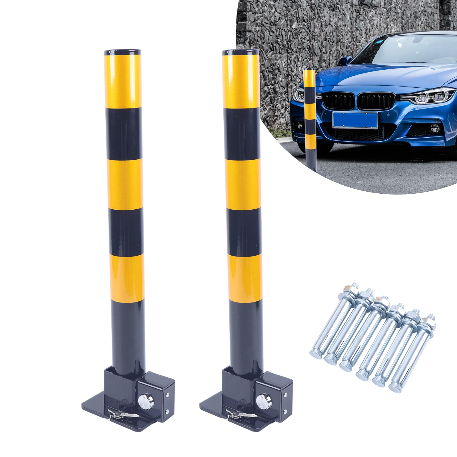 2Pcs Folding Car Parking Bollard Lockable Garage Driveway Security Post Barrier