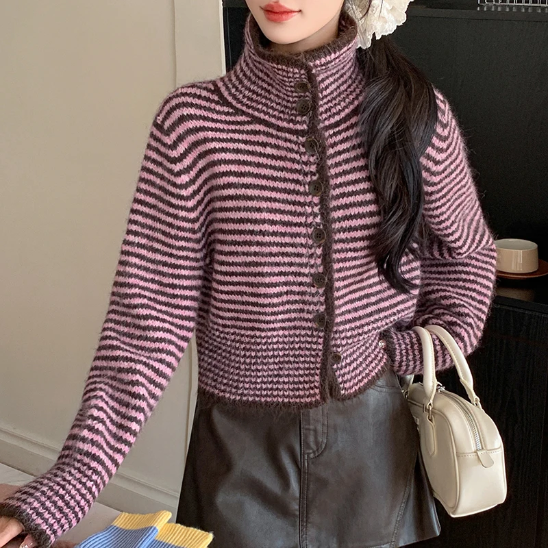 

Retro Striped Stand Collar Single Button Knitwear Women's Autumn Winter New Korean Sle Versatile Design Collar Sweater Top