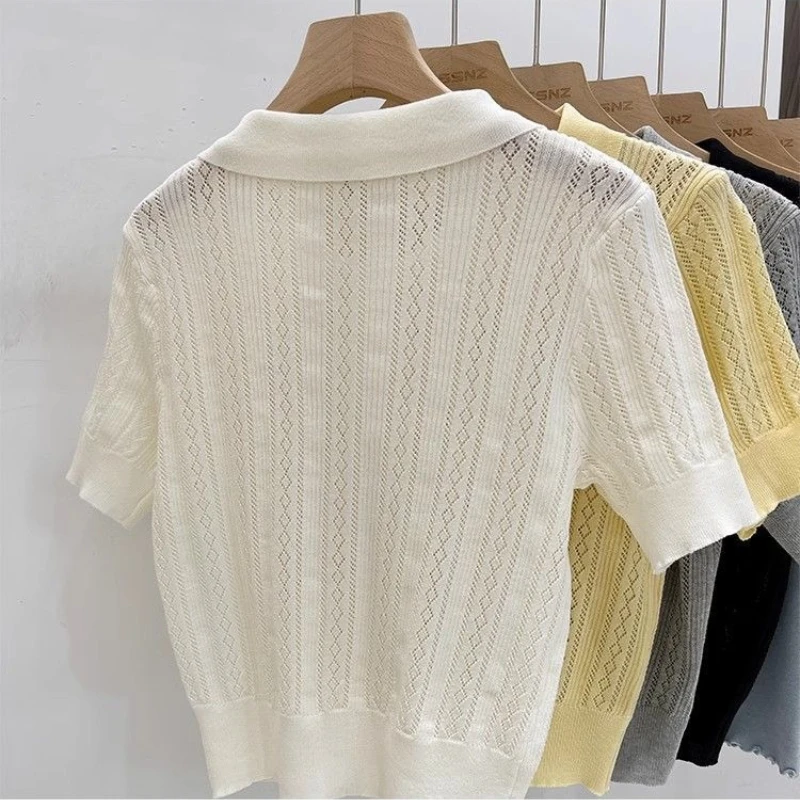 Matakawa Solid Knitted T-shirts Hollow Out Thin Spring Summer Sweet T Shirt for Women Korean Fashion Elegant Ropa De Mujer image 5
