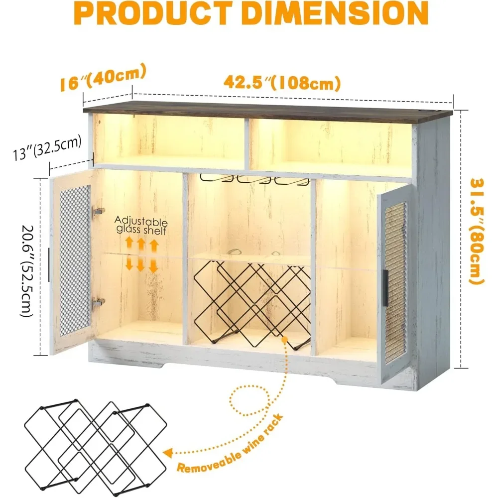 Bar Cabinet with Wine Rack and Glass Holder, LED Sensor Lights for Liquor and Glasses with 2 Shelves, Sideboard Buffet Cabinet