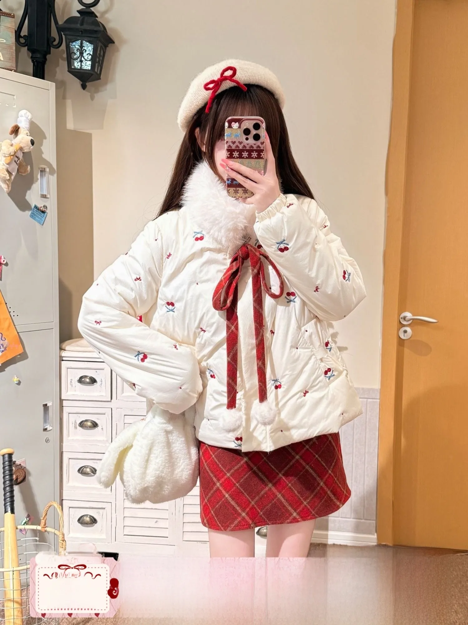 

Cherry Fabric Pig ort Cotton Jaet Women's Winter New Year Aosphere Sweet Sle White Collar Coat Thiened Long S...