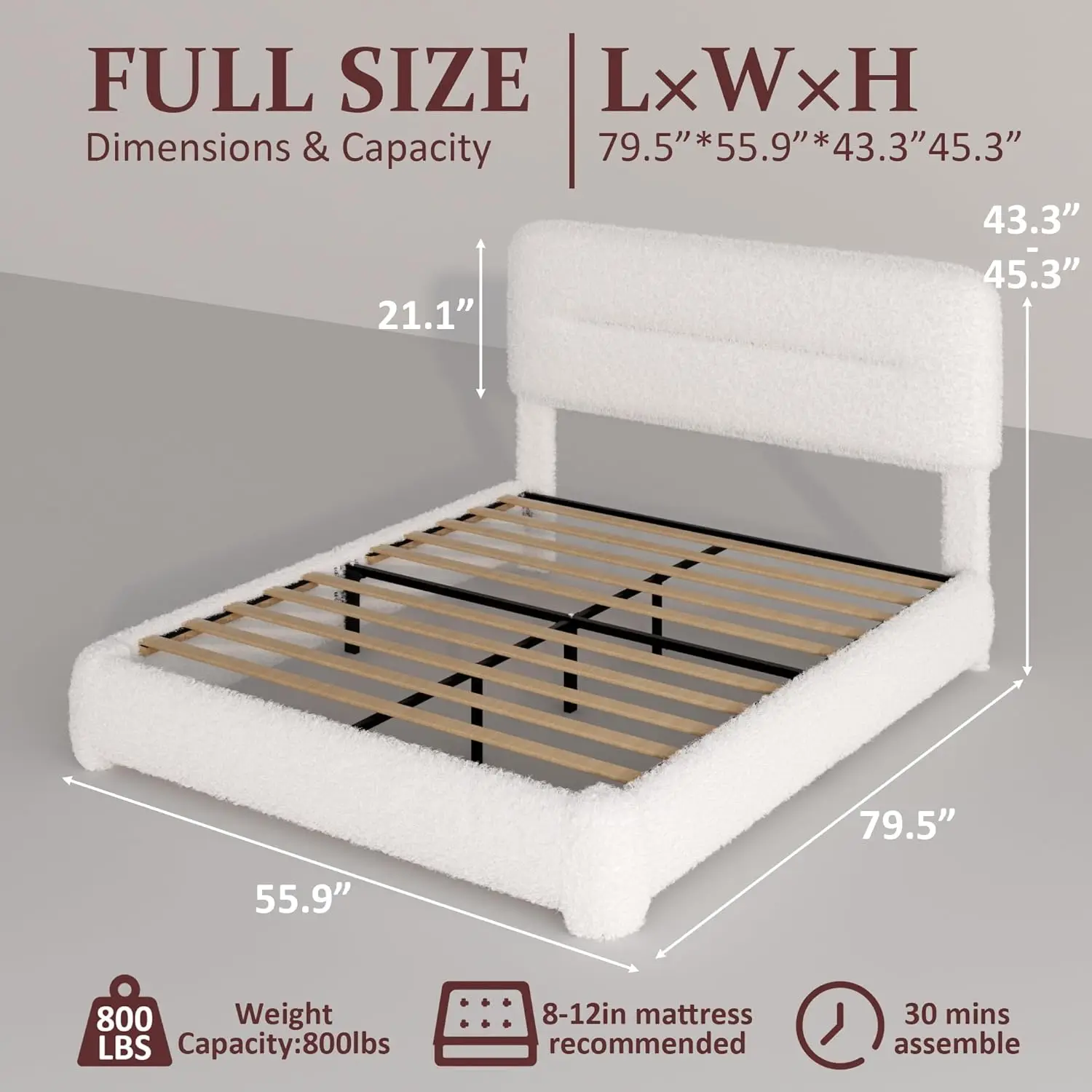 #Full Upholstered Platform Bed Frame Adjustable Headboard Wood Slat Support Noise-Free No Box Spring White Customized