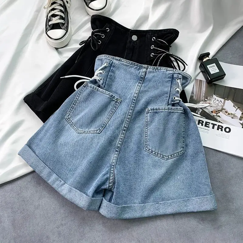 Venda quente de verão da temporada cintura alta perna larga jeans calças curtas femininas algodão jeans roll up design picante menina estilo coreano...