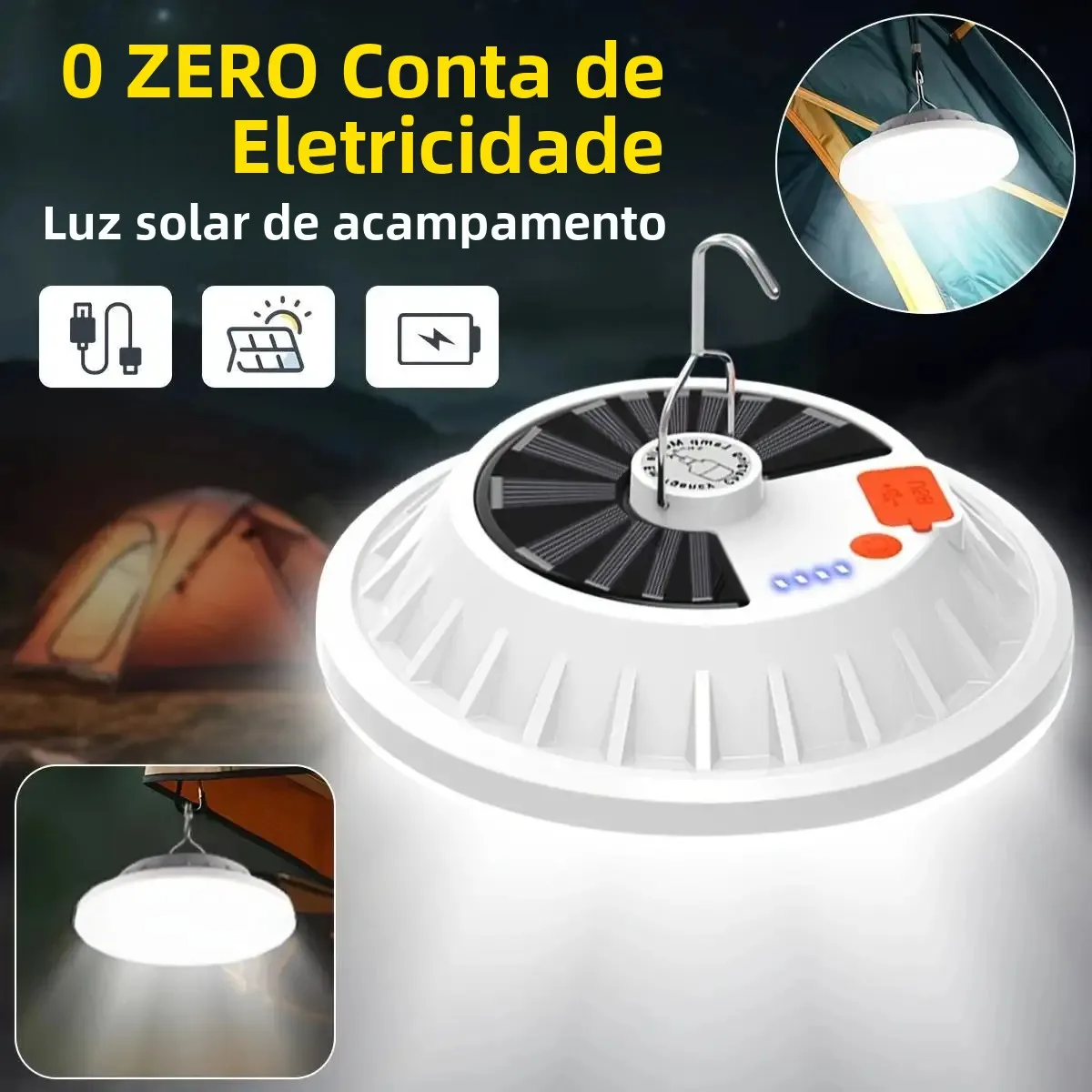Luz solar de acampamento, lanterna de barraca led recarregável portátil com carregamento usb, controle remoto, banco de potência para ao ar livre, churrasco, pesca