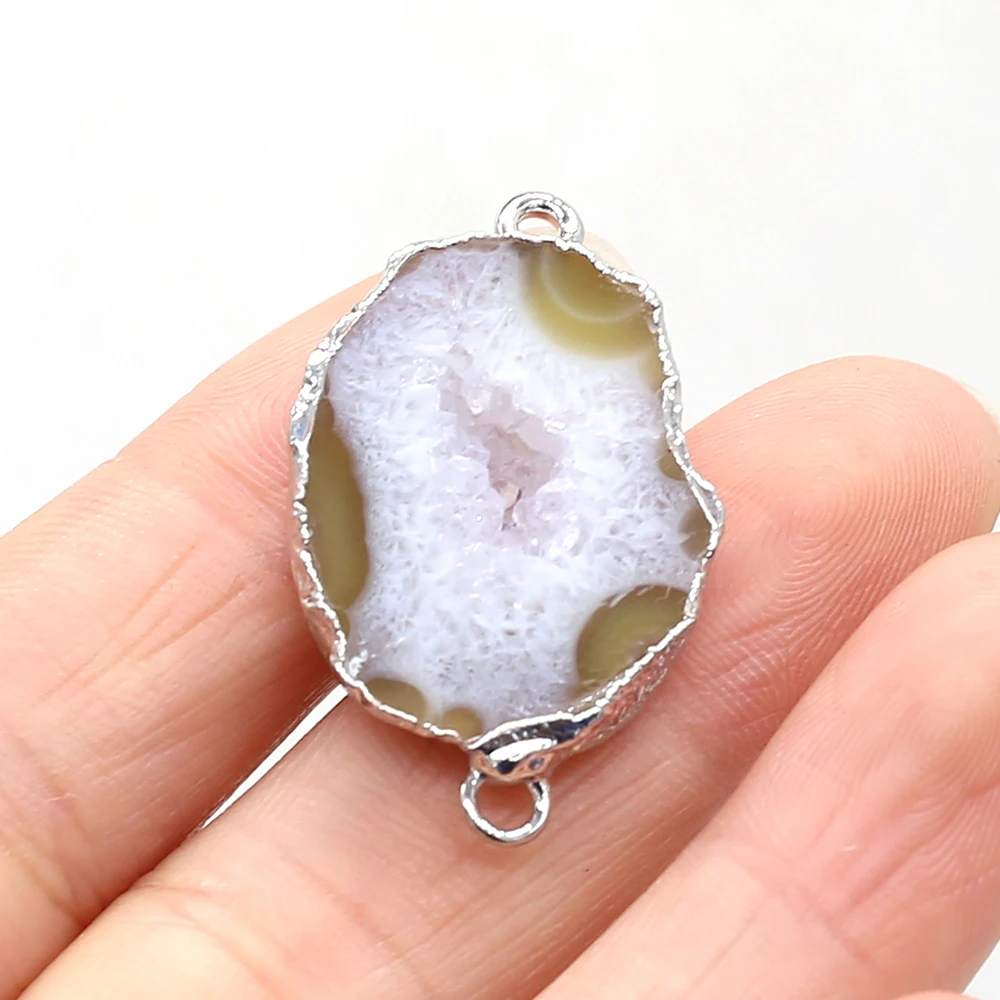 Natural Stone Irregular Shape Druzy Agate Silver Edge Pendant Connector for Making DIY Bracelet Accessories 20x30-25x35mm