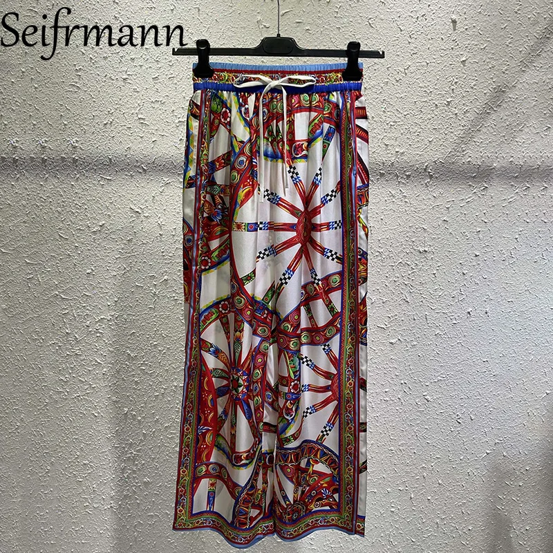 Seifrmann Casual Printed Silk Trousers Elastic Waist Wide Leg Pants 2026 Autumn Fashion Women's New Style