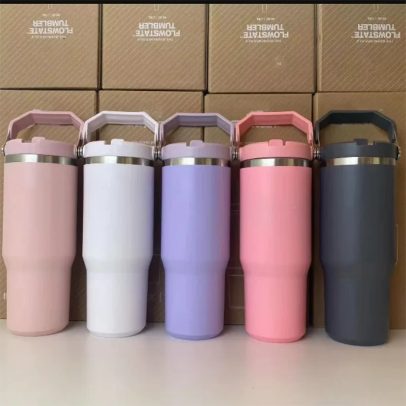 Vaso para Stanliess de 30oz con asa, vaso de leopardo con tapas de paja, Termos de café de acero inoxidable, tazas para coche, taza de vacío