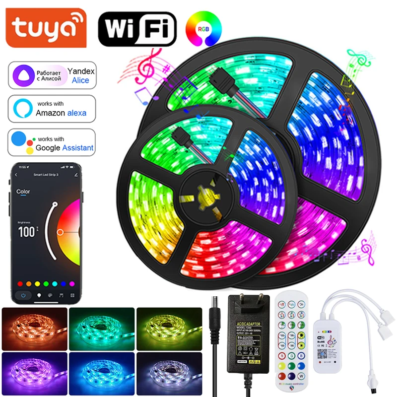 Rgb Led Strip Light 30M Tuya Wifi Led Tape Light Music Sync 12V Rgb Smart Led Lights Strip 5050 Room Decoration Christmas Lights