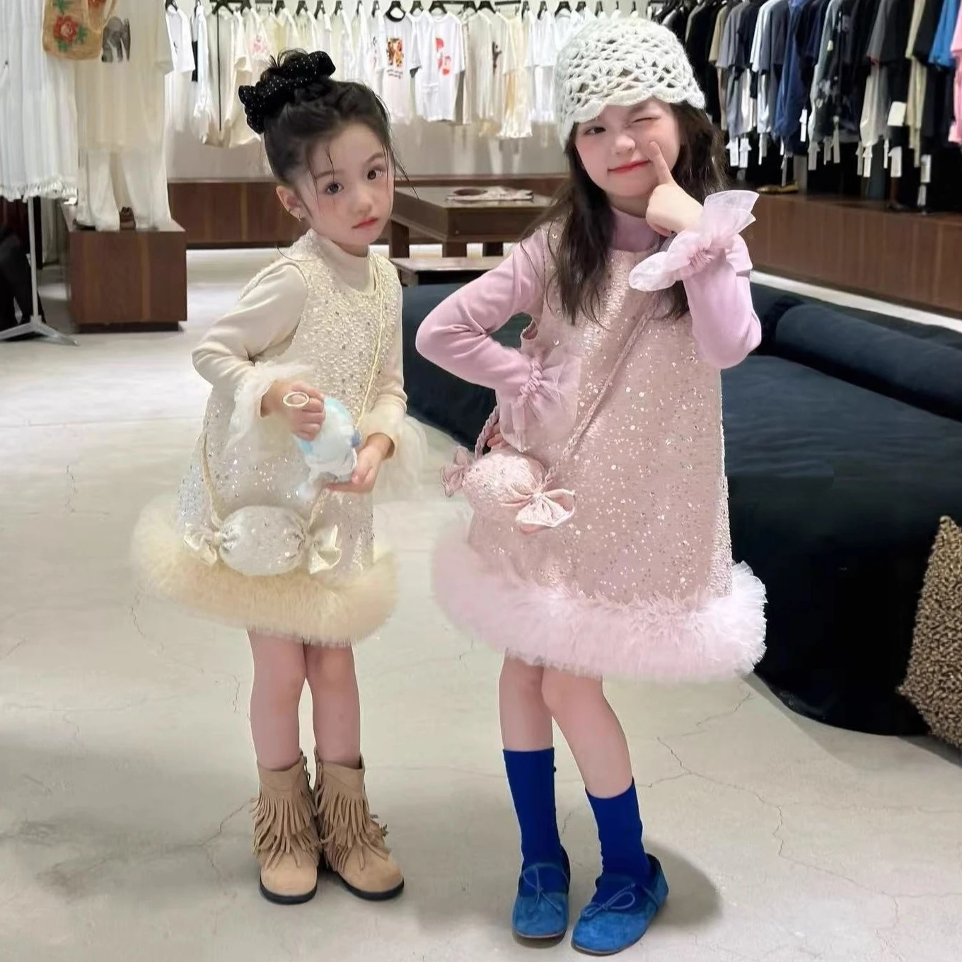Girl's Dress Set Sweet Girl's Base Shirt Cute Pairing with Candy Bag Fashion Lace Edge Princess Dress Spring Autumn Kids Outfit