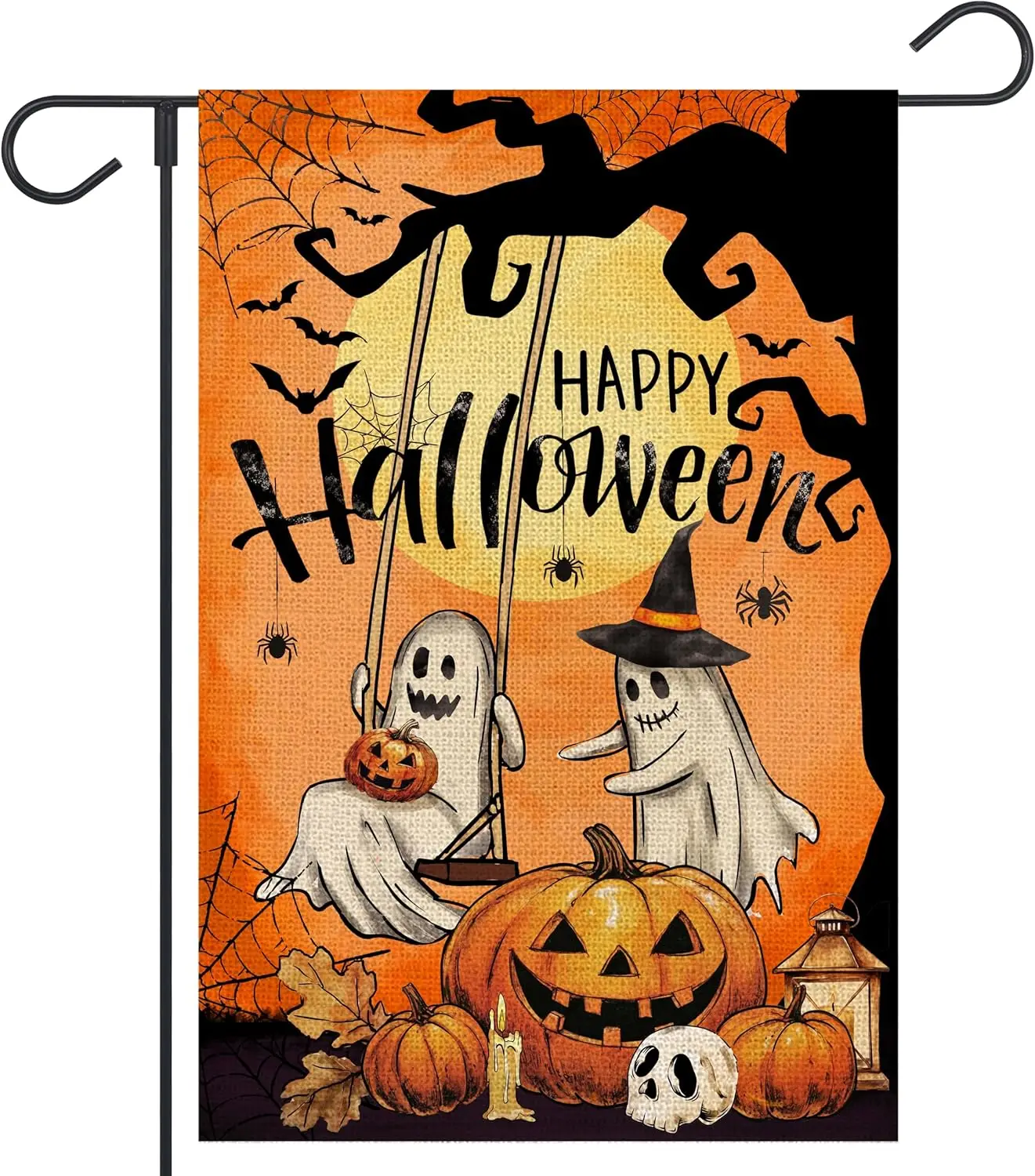 Bandera de jardín de fantasmas de feliz Halloween, 12x18 pulgadas, doble cara, exterior, Jack O'Lantern, calavera, rama de árbol negra, murciélago, vacaciones Ya JHH