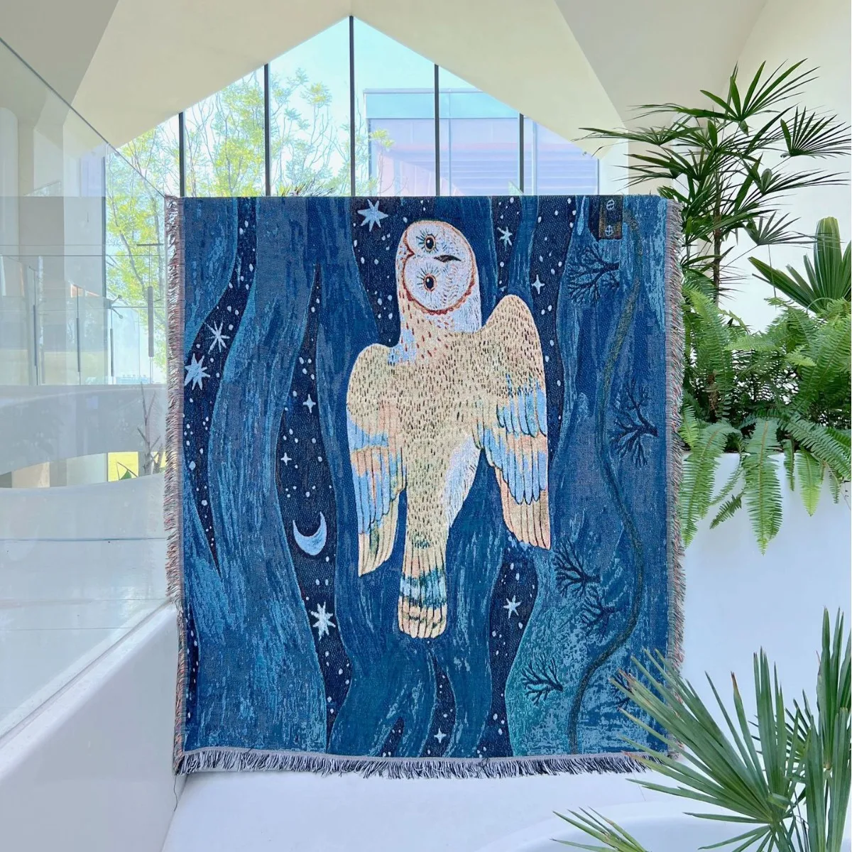Galaxy Owl Van Gogh Inspired Jacquard Woven Throw Blanket Fringed Celestial Night Sky Artistic Decorative Sofa Blanket for Home