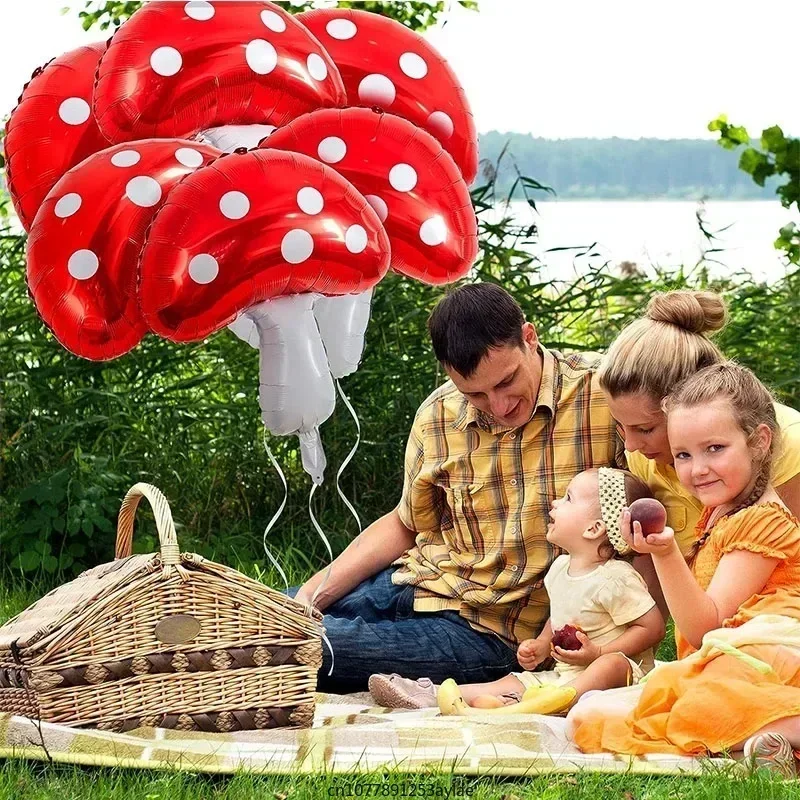 Red Mushroom Foil Balloons Supplies for Fairy Garden Themed Party Forest Plant Autumn Outdoor Decoration Air Globos