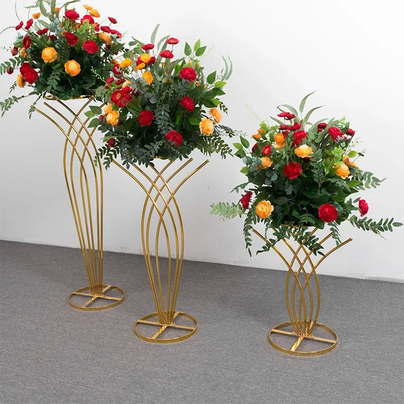 

Shinny Gold Metal Flower Stands Big Bouquet Holder Wedding Centerpieces Decor Road Lead Stage Backdrops Floral Arrangement Stand