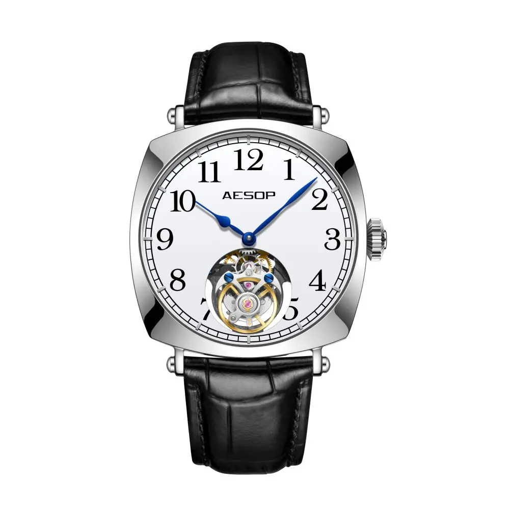 AESOP Original Tourbillon Mechanical Watch for Men Sapphire White Enamel Large Digital Dial Simple Style Wristwatch Casual 7068