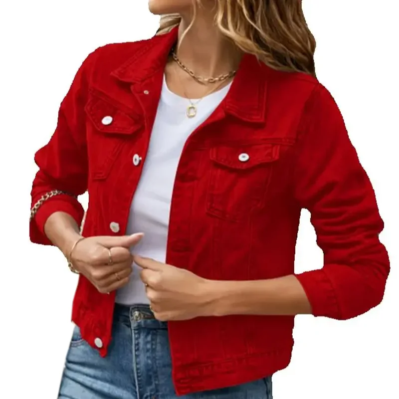 

New Denim Cropped Jacket Women Solid Color Long Sleeve Lapel Single Breasted Short Jeans Coat With Pocket Retro Street Outerwear