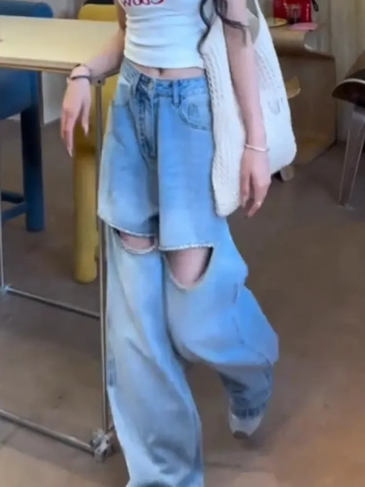 Jean ample à jambes larges pour femmes, nouveau Design d'été avec trous cloutés en diamant, taille haute décontractée, fermeture éclair, couleur Pure, résistant à l'usure