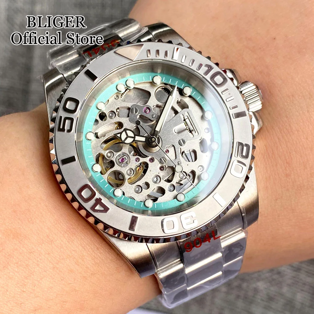 Luxury 40mm NH70A Mechanical Automatic Movement Mens Diving Watch 200M Waterproof Skeleton Dial Steel Bracelet Folding Buckle