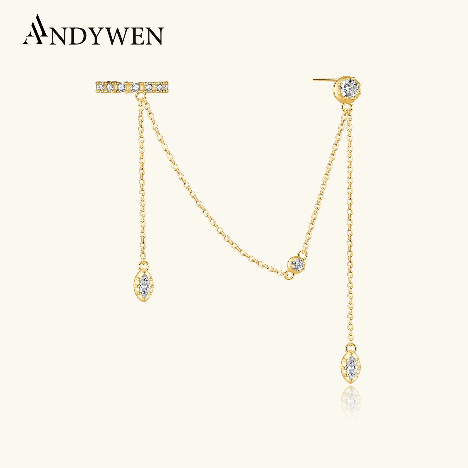 

ANDYWEN стерлингового серебра 925 пробы, цепочка с цирконием, серьги-гвоздики, серьги-гвоздики без пирсинга, зажимы в стиле рок-панк, женские свадебные ювелирные украшения 2024, драгоценности