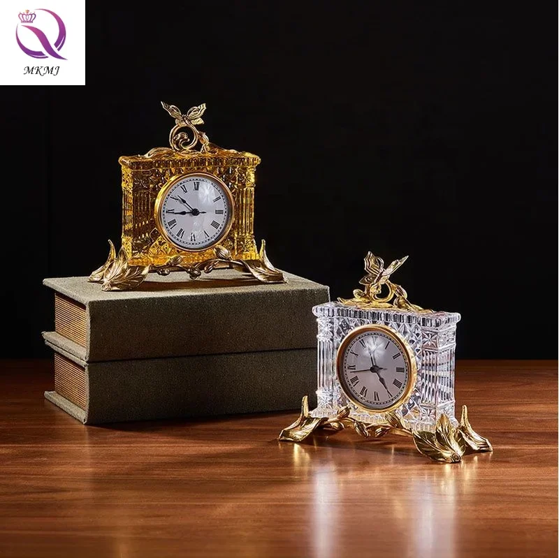 High Quality Crystal Decorative Clock Luxury Brass Metal Table Clock Colorful Crystal Quartz Clock Modern Home Decoration