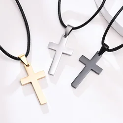 Plain Cross Necklace for Men, Silver Black Gold Color Stainless Steel Simple Cross Pendant Necklace Collar