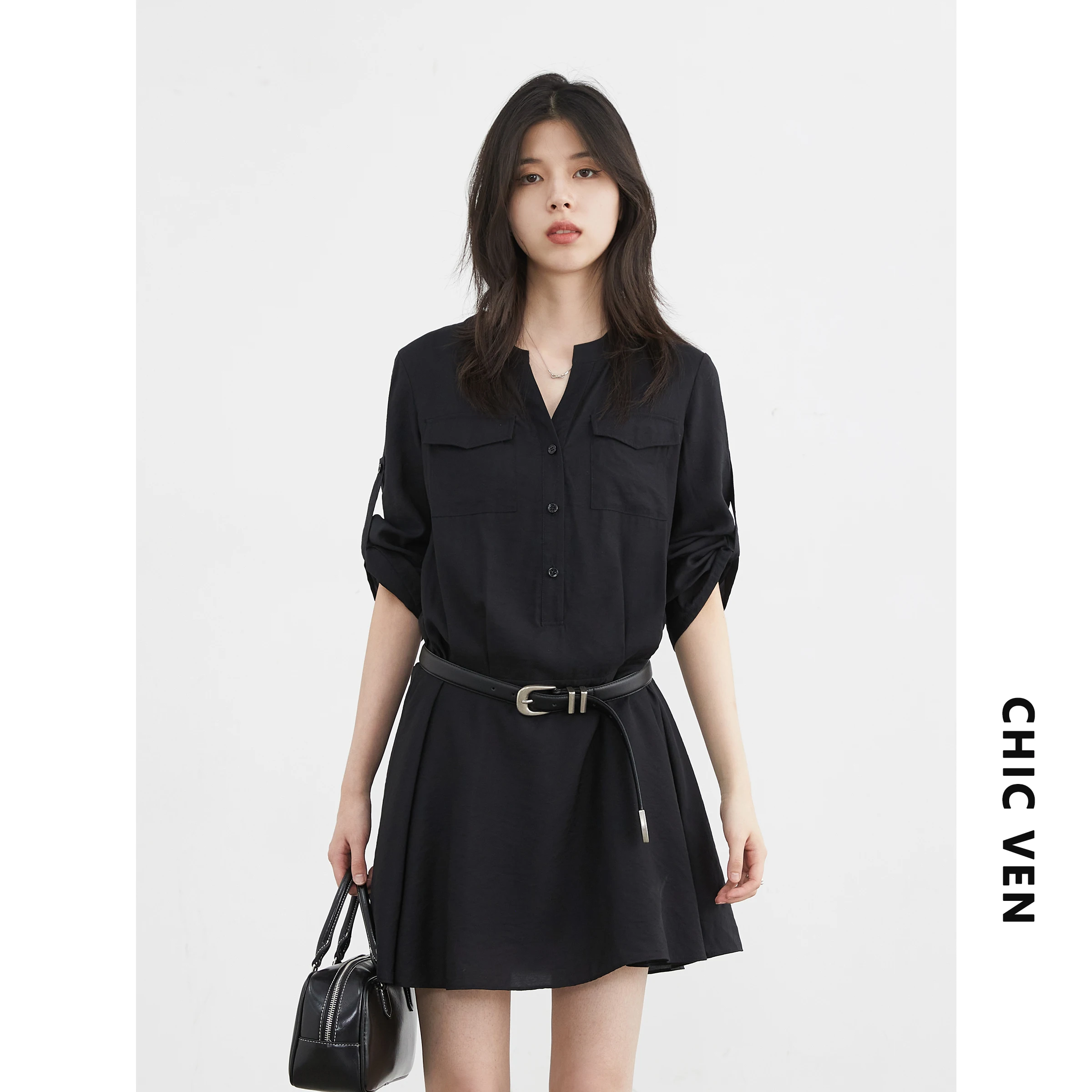 Eleganckie koszule damskie CHIC VEN, jednorzędowe, jednolite, luźne, codzienne, nowe koszule damskie z dekoltem w serek, proste sukienki koszulowe na wiosnę i jesień 2025