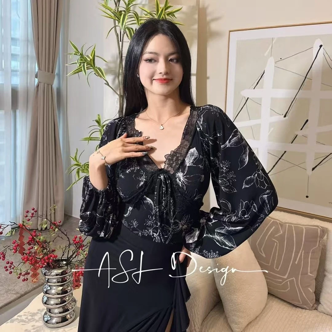 2026 Ballroom Dance Tops Women Lace V Neck Puff Sleeves Bodysuit Adult Latin Rumba Waltz Dance Clothes Performance Wear BL15817