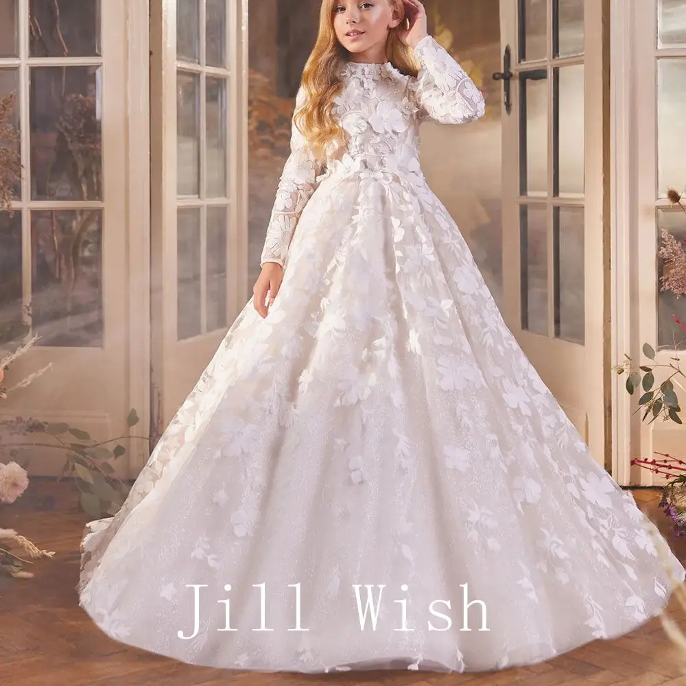 Jill Wish vestido blanco de lujo para niña, vestido de princesa de flores 3D de Dubái para niños, boda, cumpleaños, fiesta de comunión, vestido de noche elegante 2025 J293