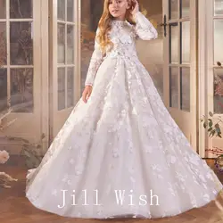 Jill Wish Luxury White Girl Dress 3D Flowers Princess Dubai Kids Wedding Birthday Communion Party Elegant Evening Gown 2024 J293