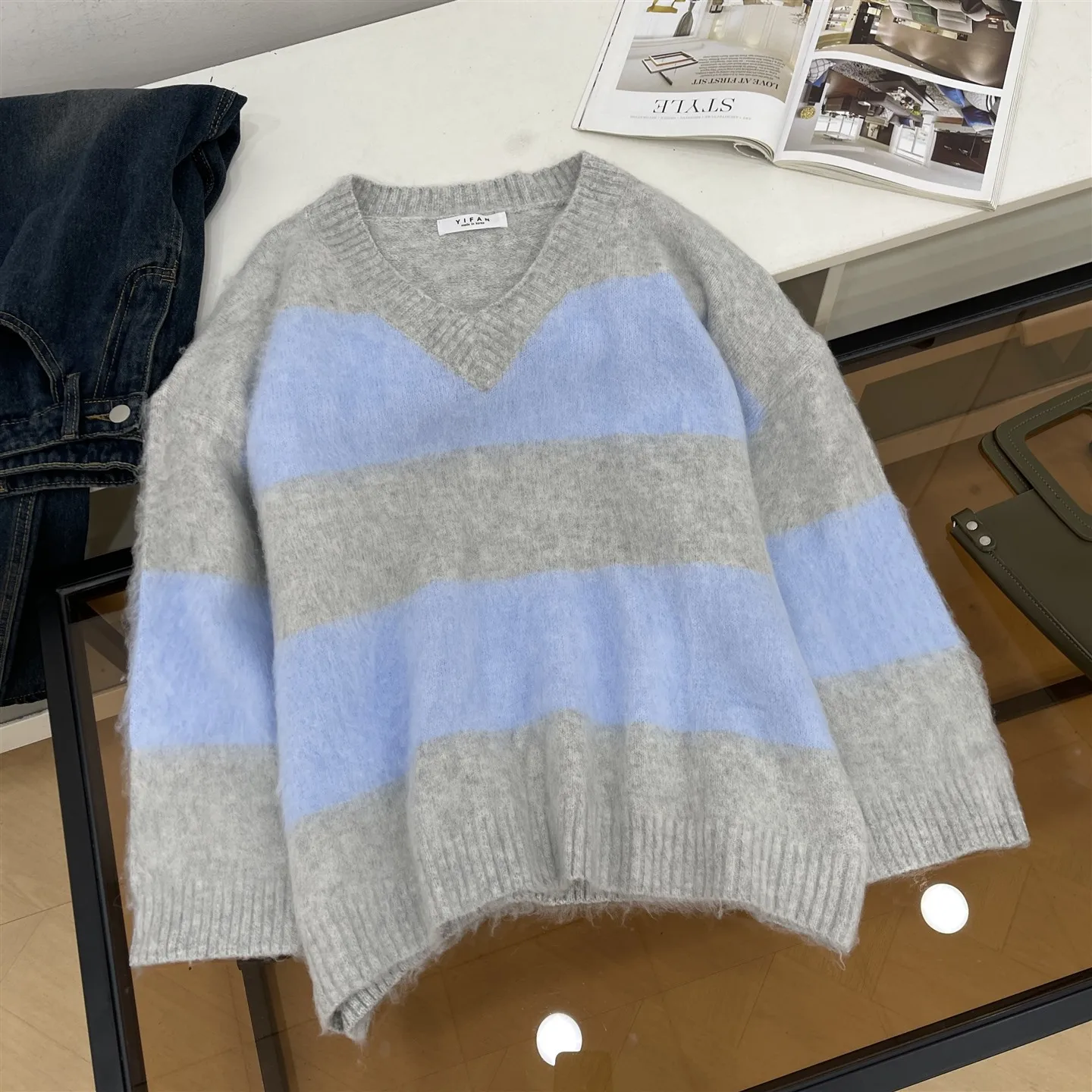 

Осенне-зимний вязаный свитер с длинными рукавами, в полоску, с цветовыми блоками, в стиле lazy style, универсальный, женский, модный, милый, прямого кроя