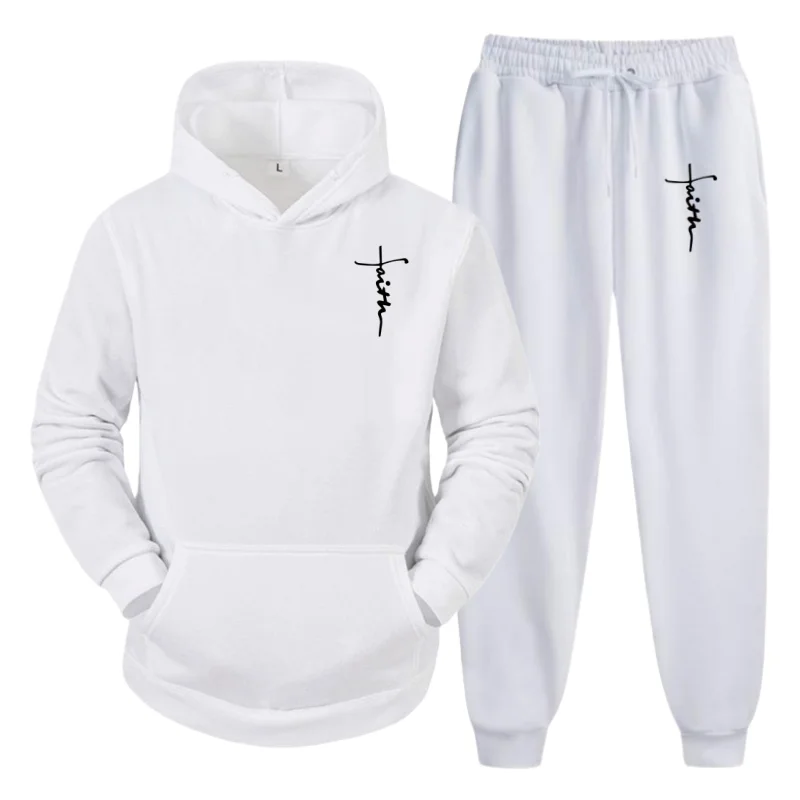 

Men's Fall/Winter 2-Piece Fleece Set – Hoodie & Pants, Extra Large Loose Fit with Faith Print Casual Streetwear Set 2025