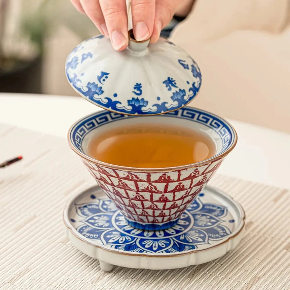 150ml High End Ru Kiln Porcelain Gaiwan Thousand Buddhas Cone Anti Scalding Tea Tureen Tea Maker Cover Bowl Teaware Collection
