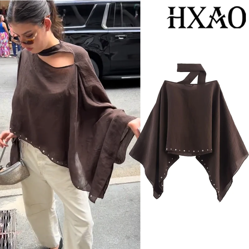 

HXAO шарф, женская накидка, коричневая короткая накидка, осенний плащ, болеро с широкими рукавами и шипами, женская накидка, асимметричные свободные накидки