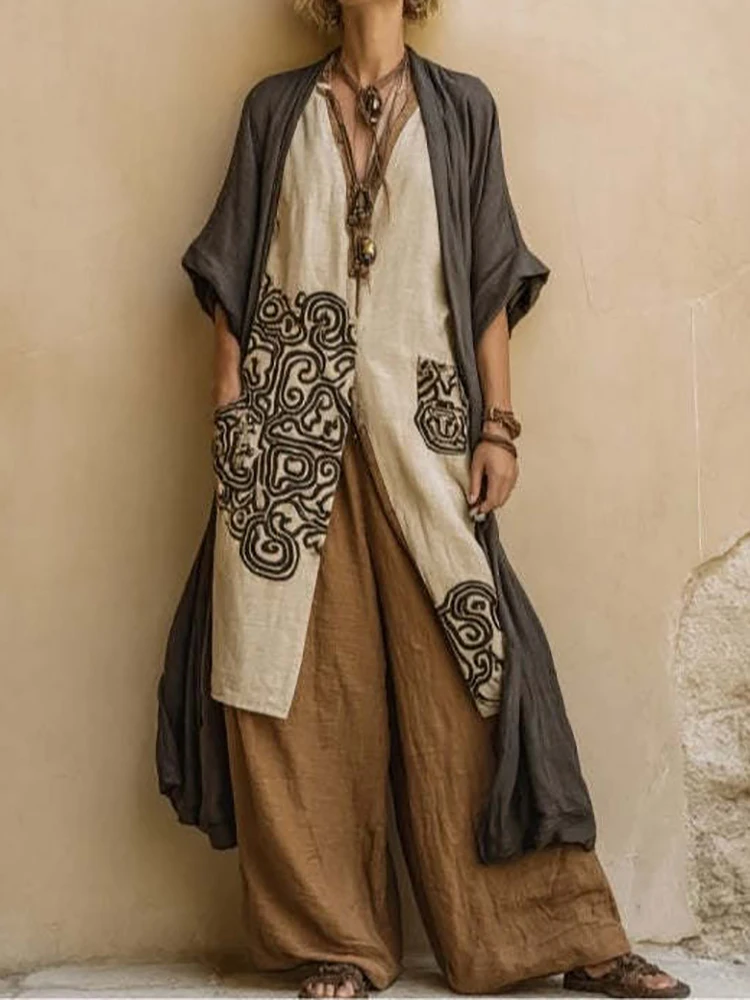 

Women Summer Half Sleeve V Neck Top With Coat Elastic Waist Loose Pants Three-Piece Set Holiday Fashion Patchwork Print 3PC Suit