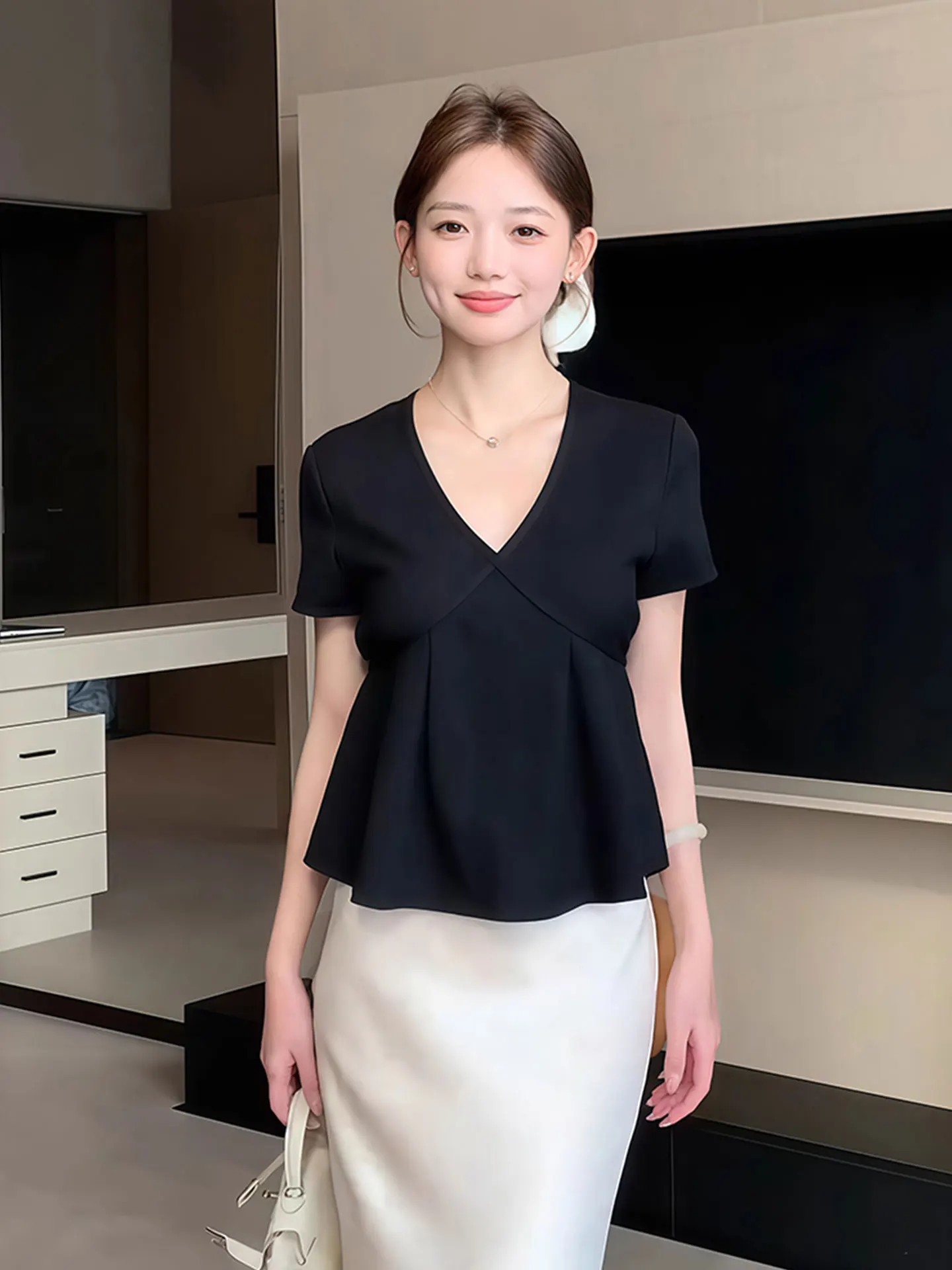 

Ele Korean Sle Pure Color Summer Top Women's Loose Fit V-Ne ort Sve Design Sensation Korean Faion 2025