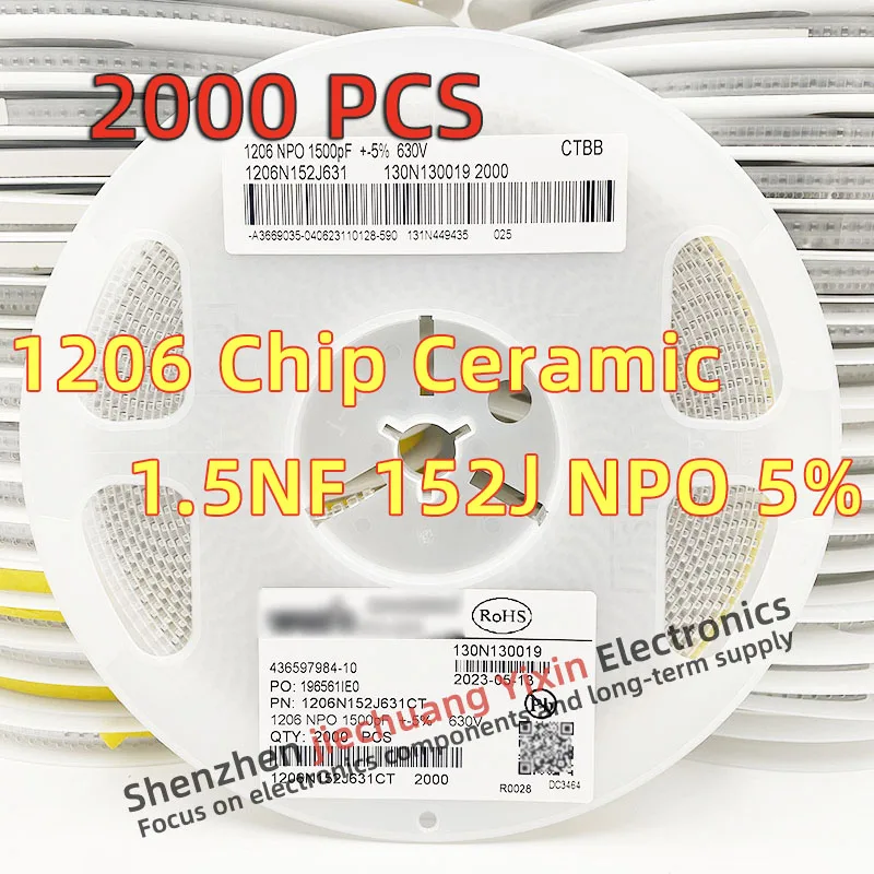 Chip Ceramic Capacitor 1206 1.5NF 100V 250V 630V 152J 5% accuracy NPO(COG) material 3216 Capacitance 2000pcs