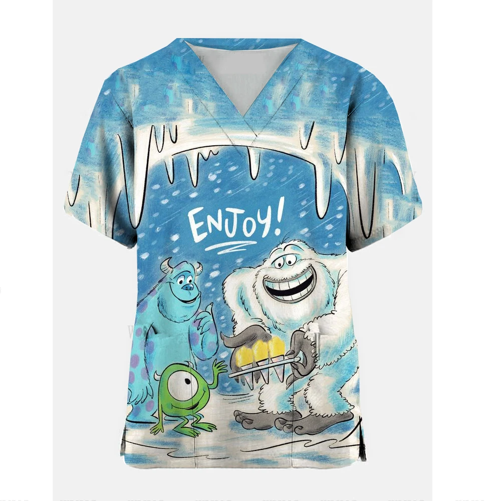 Disney Monster Power Bedrijf Print Medische Blouse Verpleegkundige Uniform Verzorger Werken Korte Mouw Tops Vrouwen T-Shirt Verpleging