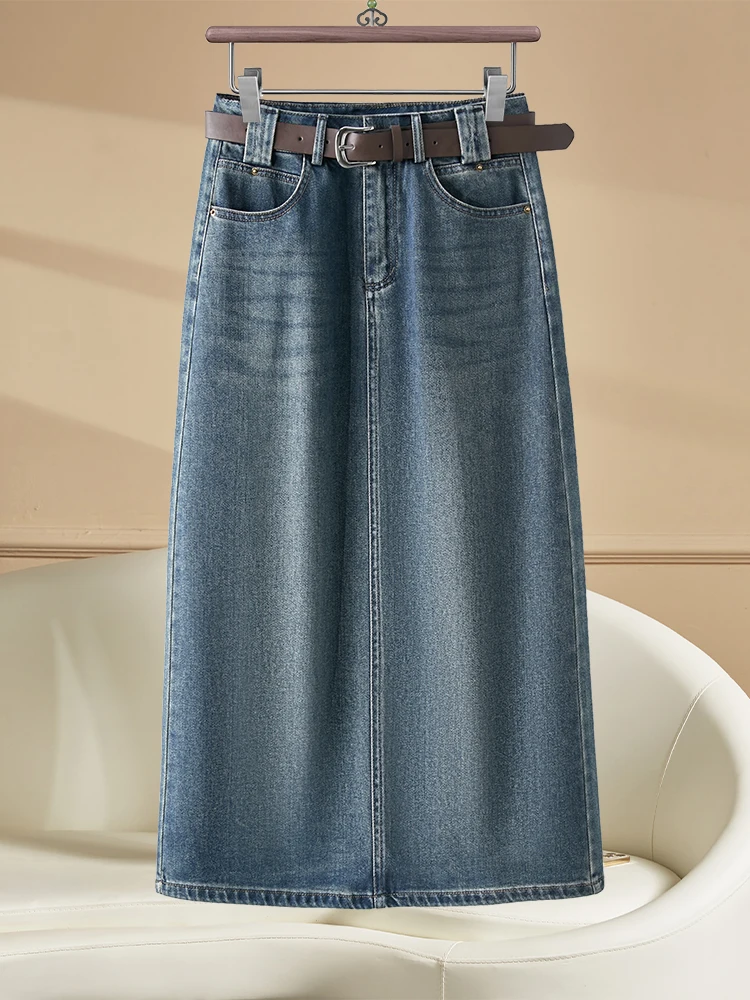 

Джинсовая юбка миди А-силуэта с высокой талией для женщин, весна-лето, новый стиль, приталенная, с разрезом, прямого кроя, повседневная, из смесового хлопка