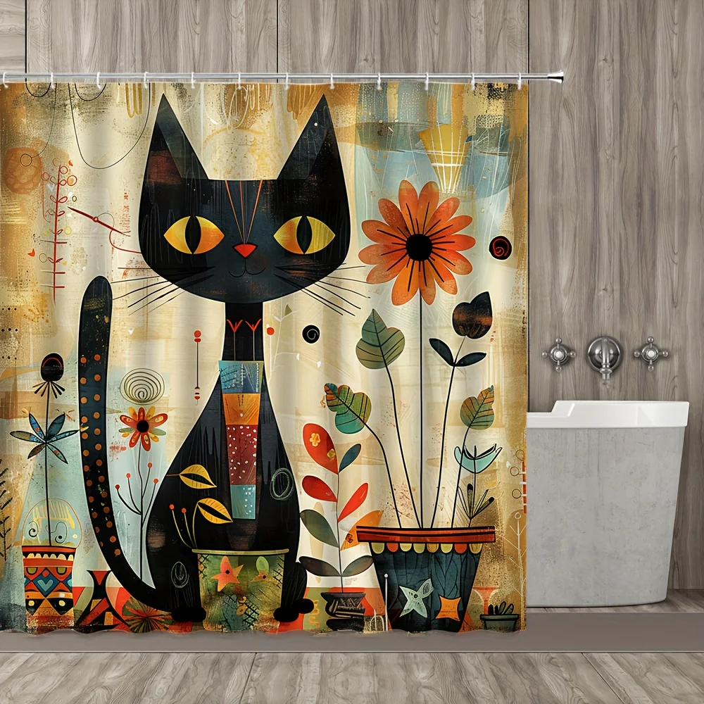 Black Cat and Sunflower Shower Curtain Retro Watercolor Cartoon Cat Design Polyester Fabric Bathroom Decoration with Hook