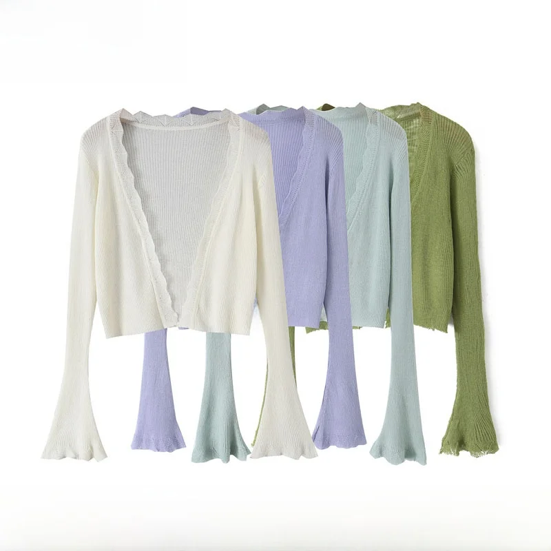 

Fashionable Spring Summer New Arrival Women's Knitted Sun Protection Air Conditioning Cardigan with Bell Sleeves Soft Polyester