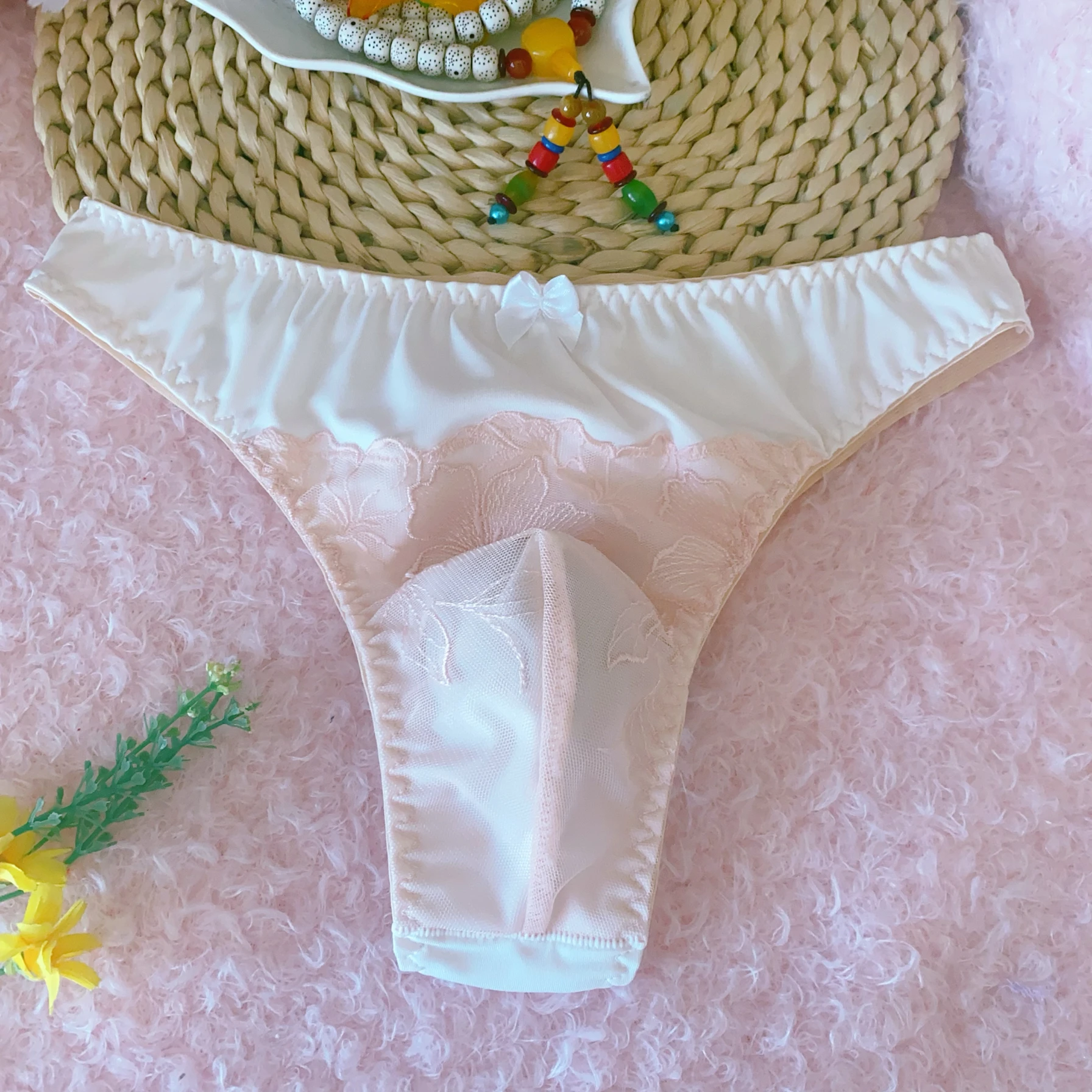 Pink Man's Lace Bowtie Briefs U Convex Pouch G-string Low Waist Thong Sissy Soft Silky Panty DJ Club Bar BF Gift LGBQ Panties