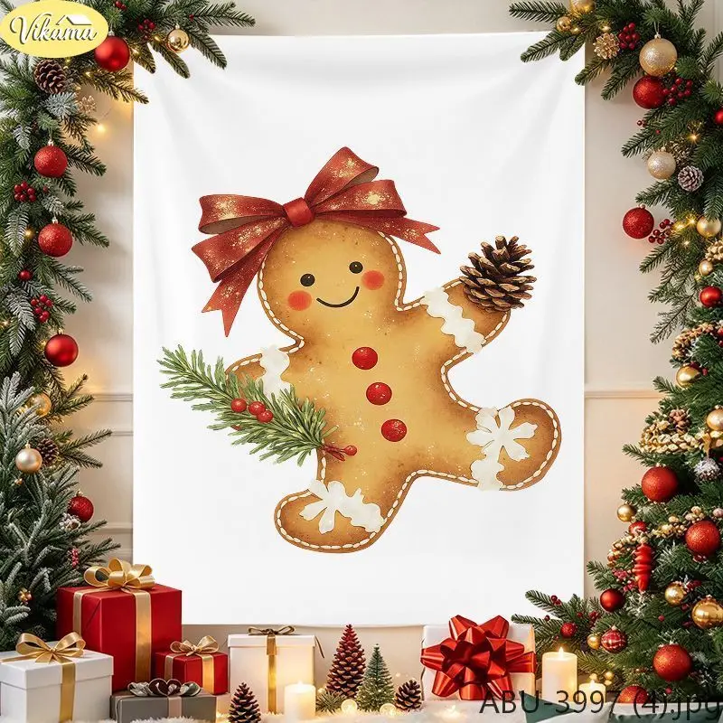 VIKAMA Christmas Wall Hanging Tapestry, Cute Gingerbread Man Bow Decorated Tapestry, Home Decor for Bedrooms and Living Rooms