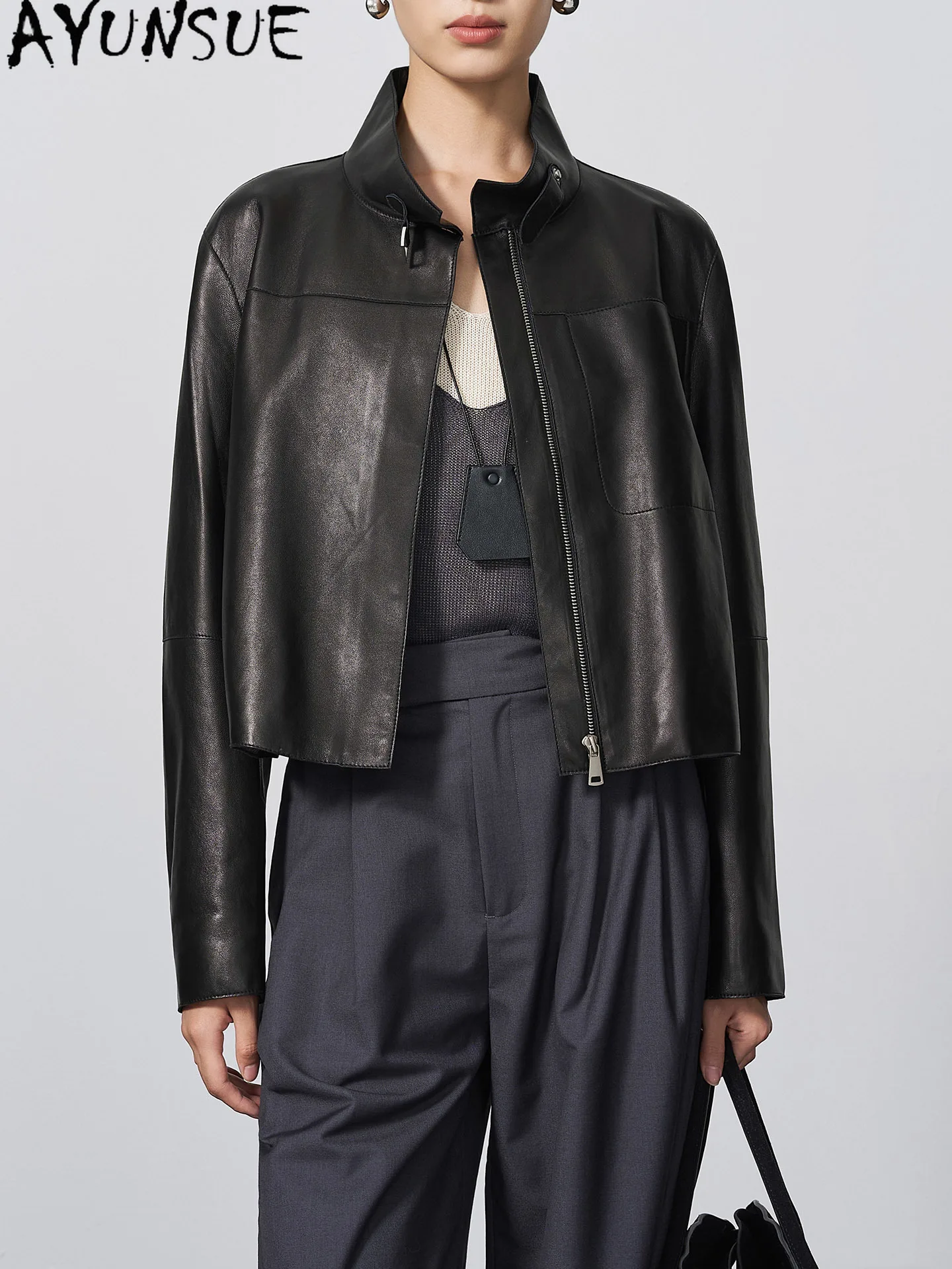 AYUNSUE Real Leather Jacket for Woman Clothing Motorcycle Coat Stand Natural Sheepskin Woman Coats Loose Fit Casaco Feminino