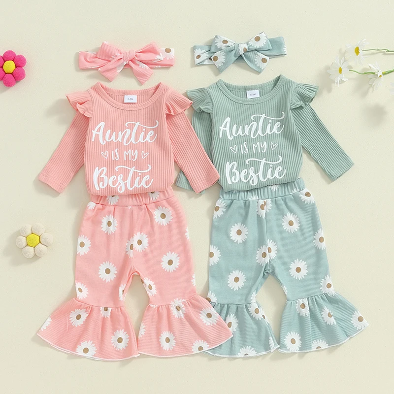 

2024-05-22 Lioraitiin 0-18M Baby Girls Fall Outfits Letter Print Long Sleeve Romper and Elastic Daisy Flared Pants Headband Set