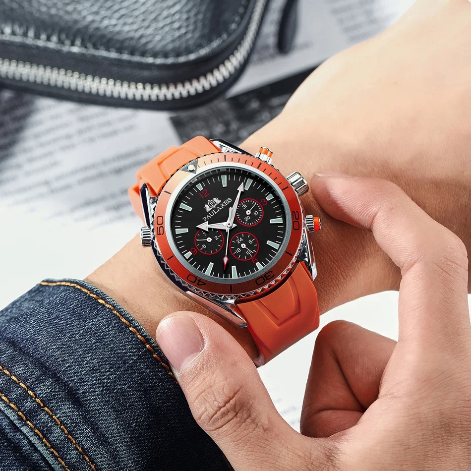 Men Automatic Self Wind Mechanical Rubber Strap Orange Blue Black Dial Rotatable Bezel Classic Watch