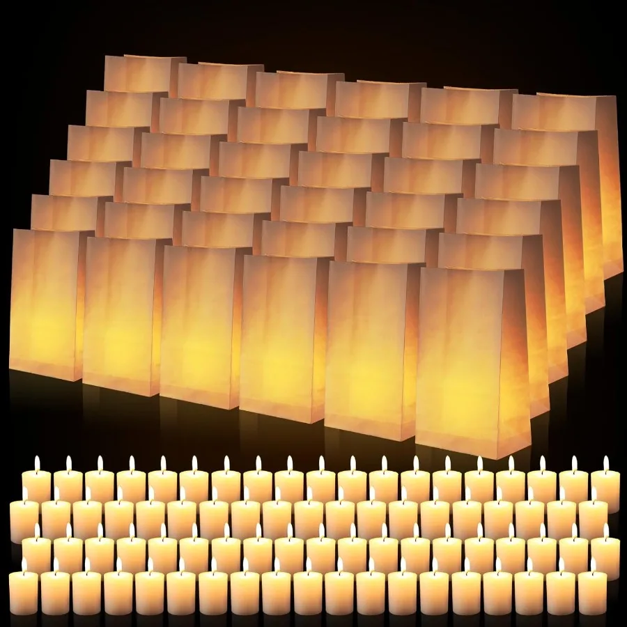 144 Sets White Luminary Bags with Unscented Candles Paper Candle Bags for Wedding Christmas Holiday Party Decorations Bulk Whit