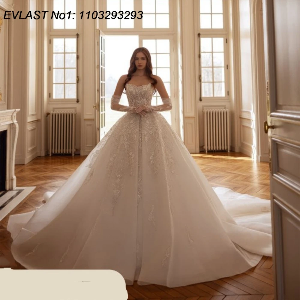 

EVLAST индивидуальное блестящее свадебное платье трапециевидной формы 2026, кружевная аппликация, расшитое бисером и кристаллами, блестки, свадебное платье Vestidos De Novia TBD177