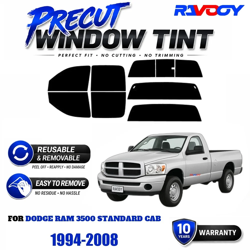 RAVOOY Precut Window Tint, Reusable Removable EPU Film, Custom Fit for Dodge Ram 3500 Standard Cab 1994-2008, UV Heat Protection