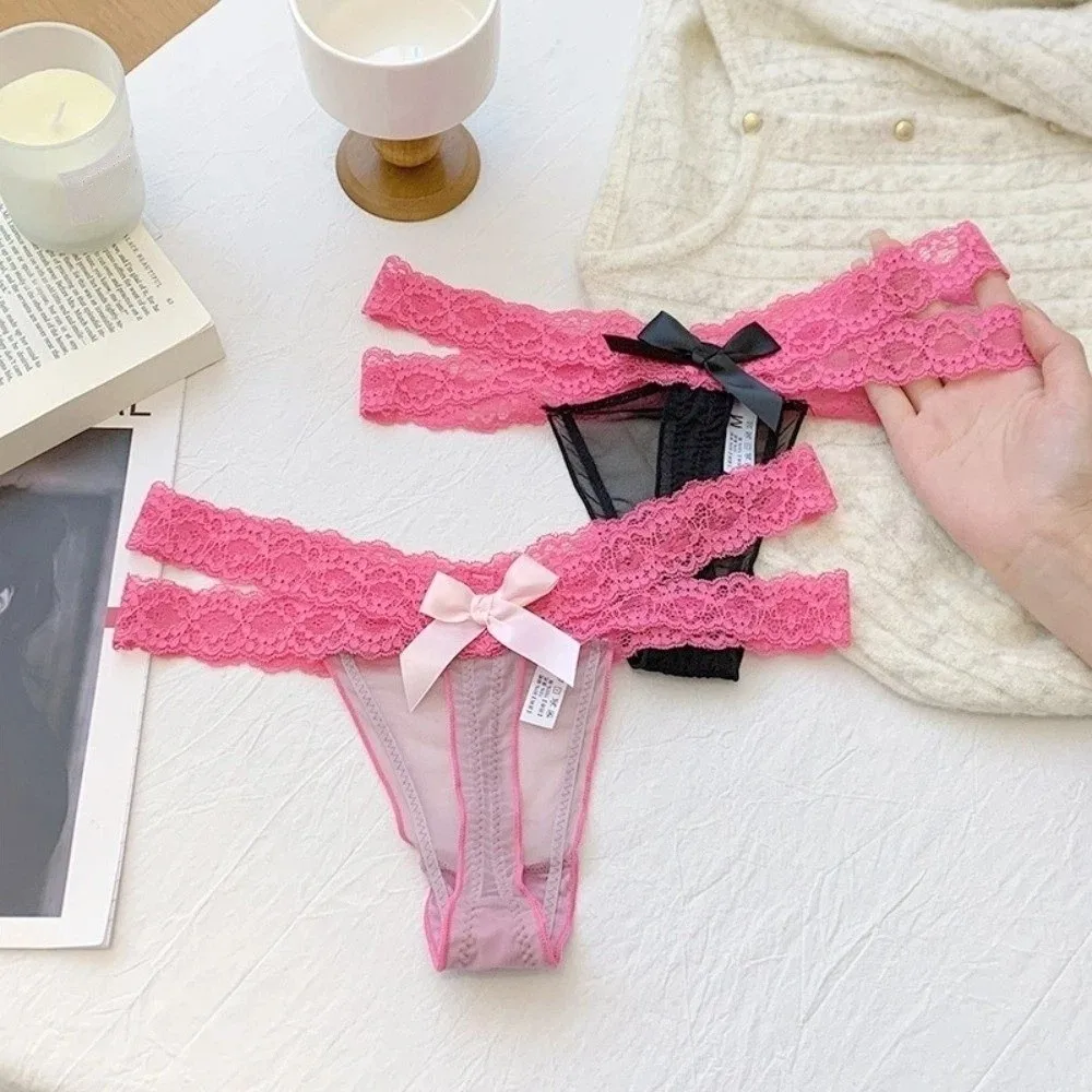 Sweet Low Waist Lace Thongs Cross Belt Lingerie Mesh Bow Thong Transparent Underwear See-through Panties Women - view 2