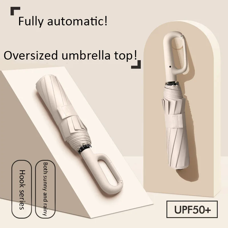 Paraguas plegable automático 3, tanto para la lluvia como el sol, 125 cm de ancho, resistente al viento, diseño de gancho, repelente al agua y a prueba de fugas