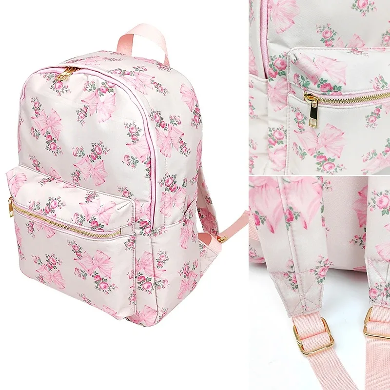 Imagem -06 - Mochila de Nylon Impressa Flor para Meninas Grande Capacidade Bolsa de Escola Impermeável para Estudantes Crianças Preppy Rosa Arco Crianças